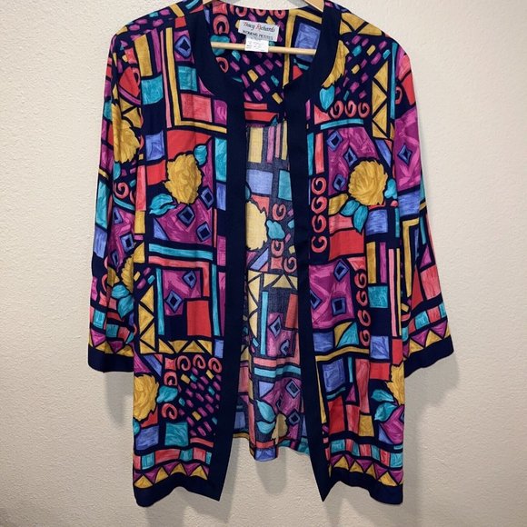 VTG 80’s Colorful Geo Pattern Open Cardigan 3/4 Sleeve Size 16 Petite Made USA - Picture 1 of 7